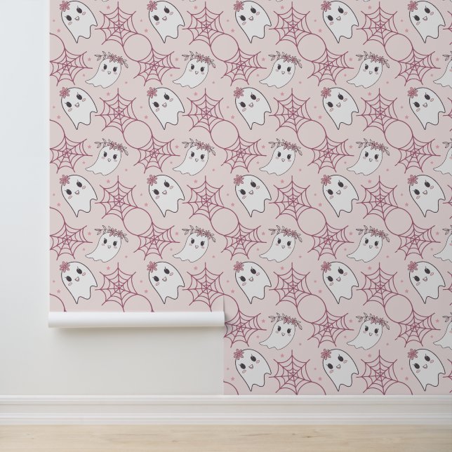 Schattigee Halloween Ghost & Spiderweb Pattern (2) Behang (Applicatie)