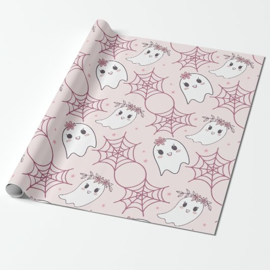 Schattigee Halloween Ghost & Spiderweb Pattern (2) Cadeaupapier (Uitgerold)