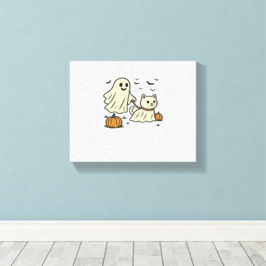Schattigee Halloween Ghost Walking Ghost Cat Class Canvas Afdruk (Insitu (Houten vloer))