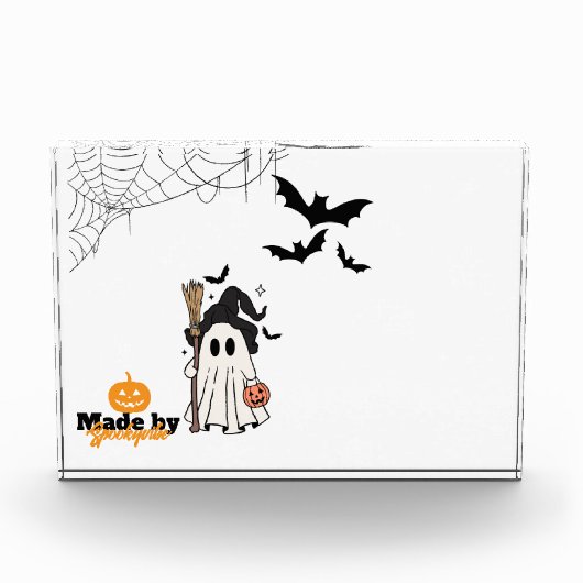 Schattigee Halloween Ghost Witch met Broom en Pomp Fotoblokken (Voorkant)