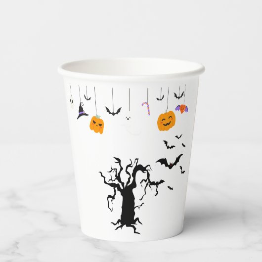 Schattigee Halloween Ghost Witch met Broom en Pomp Papieren Bekers (Achterkant)
