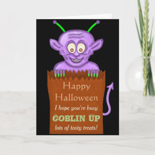 Schattigee Halloween Grappige Paarse Goblin Cartoo Kaart