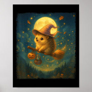 Schattigee Halloween Hedgehog Broom Ride met drank Poster