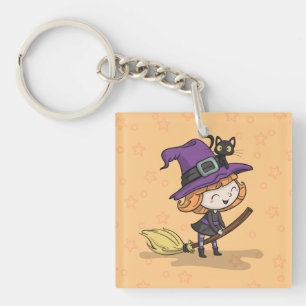Schattigee Halloween heks en kat Button Sleutelh Sleutelhanger