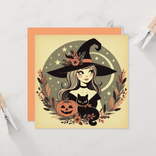 Schattigee Halloween Heks met Zwarte Kat en Pompoe Kaart (Voorkant / Achterkant in situ)