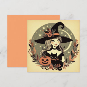 Schattigee Halloween Heks met Zwarte Kat en Pompoe Kaart
