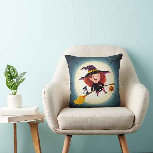 Schattigee Halloween-heks op bezem met kat en pomp Kussen (Stoel)