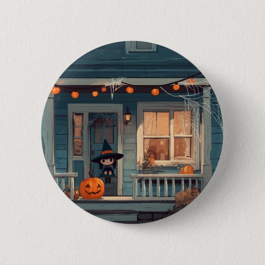 Schattigee Halloween Heks op Spooky Porch - Button (Voorkant)