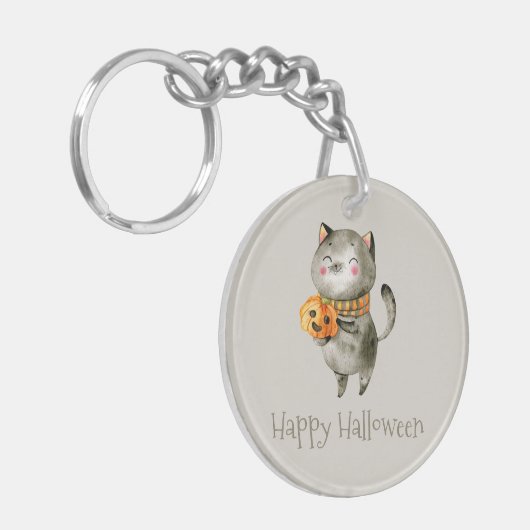 Schattigee Halloween kat met pompoen | Button Sleu Sleutelhanger (Voorkant Links)