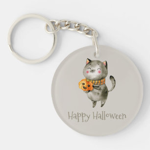 Schattigee Halloween kat met pompoen Button Sleu Sleutelhanger