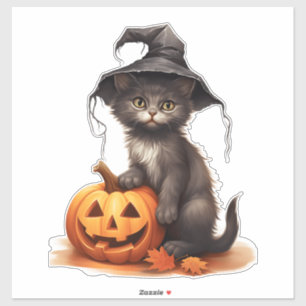 Schattigee Halloween Kat met Pompoen en Herfstblad Sticker