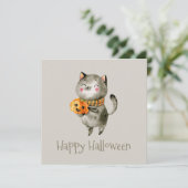 Schattigee Halloween kat met pompoen | feestuitnod Kaart (Staand voorkant)