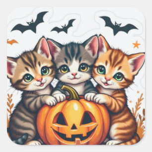 Schattigee Halloween Katten en Pompoen Fal Vinyl S Vierkante Sticker