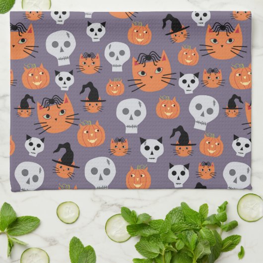 Schattigee Halloween katten en schedels Spooky Theedoek (Gevouwen)