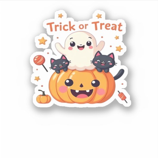 Schattigee Halloween - Kawaii Ghost en Black Cats  Sticker (Voorkant)