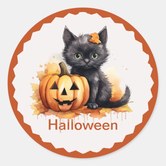 Schattigee Halloween Kitten en Pompoen Sticker (Voorkant)