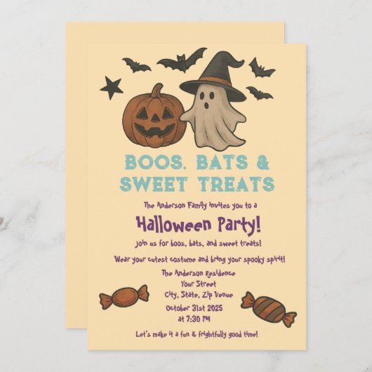 Schattigee Halloween - Pastel Pompoen & Snoep Part Kaart (Voorkant / Achterkant)