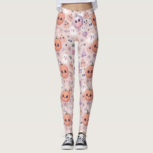 Schattigee Halloween Pumpkins & Ghosts op Pink Sea Leggings (Voorkant)