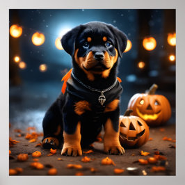 Schattigee Halloween Rottweiler Puppy Dog w Pumpki Poster