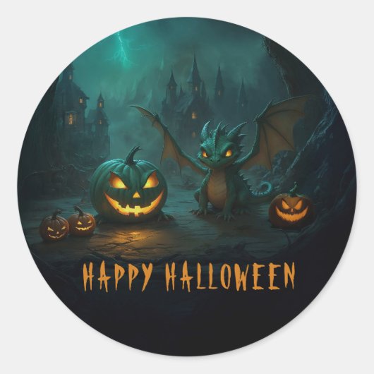 Schattigee Halloweendraak met enge pompoenen Ronde Sticker (Voorkant)