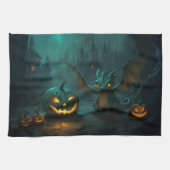 Schattigee Halloweendraak met enge pompoenen Theedoek (Horizontaal)