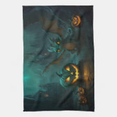 Schattigee Halloweendraak met enge pompoenen Theedoek (Verticaal)