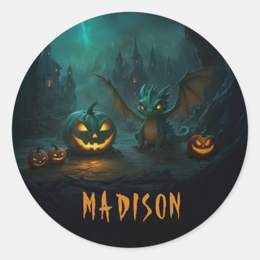 Schattigee Halloweendraak met enge pompoennaam Ronde Sticker (Voorkant)