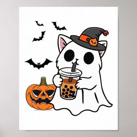 Schattigee Halloweenkat in spookkostuum Drink Boba Poster (Voorkant)