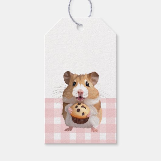 Schattigee hamster met muffin roze gingham check cadeaulabel (Voorkant)
