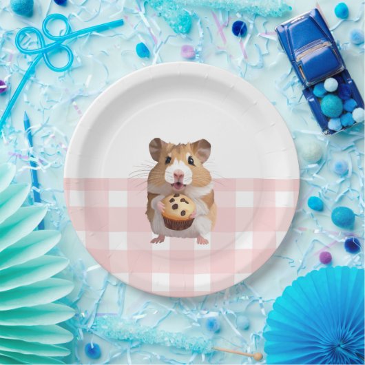 Schattigee hamster met muffin roze gingham check papieren bordje (Feest)