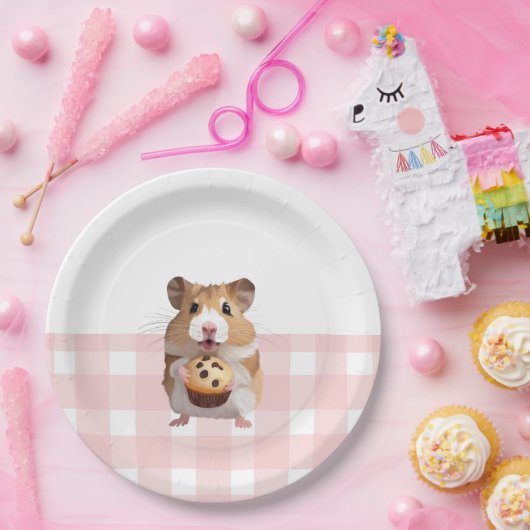 Schattigee hamster met muffin roze gingham check papieren bordje (Feest)