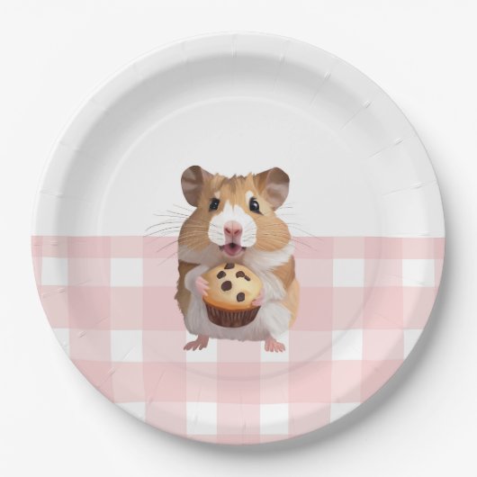 Schattigee hamster met muffin roze gingham check papieren bordje (Voorkant)