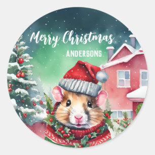 Schattigee hamster rat kerstverjaardagssneeuwfeest ronde sticker
