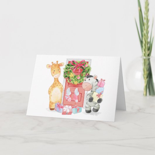 Schattigee Hand getekende Giraffe en Zebra kerst Feestdagen Kaart (Voorkant)