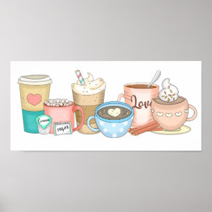 Schattigee Hand getrokken grillige koffie en warme Poster