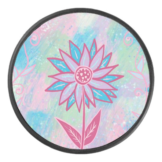 Schattigee handgetekende pastelbloem hockey puck (Voorkant)
