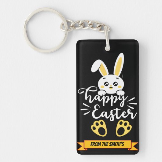 Schattigee Happy Easter Bunny met Yellow Paw Print Sleutelhanger (Voorkant)