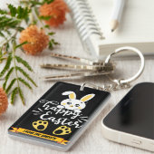 Schattigee Happy Easter Bunny met Yellow Paw Print Sleutelhanger (Voorkant Rechts)