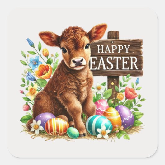 Schattigee Happy Easter koe Vierkante Sticker (Voorkant)