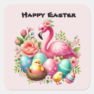 Schattigee Happy Easter Pink Flamingo Vierkante Sticker