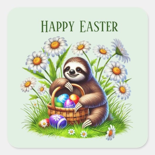 Schattigee Happy Easter Sloth Holiday Vierkante Sticker (Voorkant)