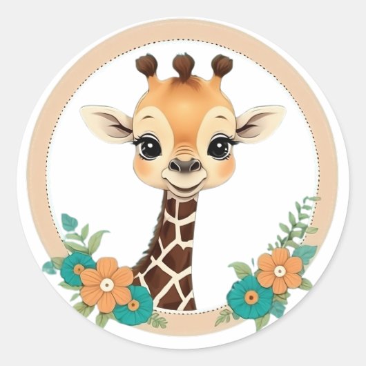 Schattigee Happy Giraffe met Flowers Sticker (Voorkant)