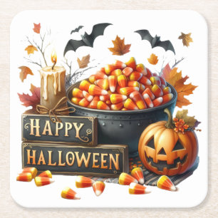 Schattigee Happy Halloween Candy Corn Paper Onderz Vierkante Kartonnen Onderzetter