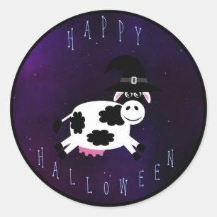 Schattigee Happy Halloween Koe met heksen Pet Ronde Sticker