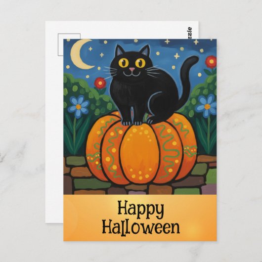 Schattigee Happy Halloween Zwarte Kat Sinaasappel Briefkaart (Voorkant / Achterkant)
