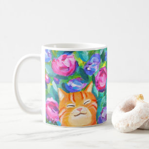 Schattigee Happy Oranje Tabby Cat met Bloemen Katt Koffiemok