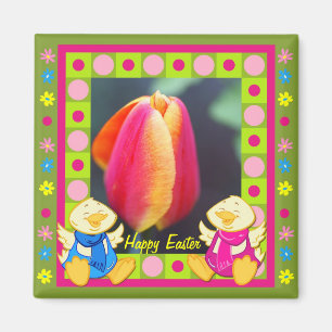 Schattigee Happy Paasmagneet met kippen en tulp Magneet