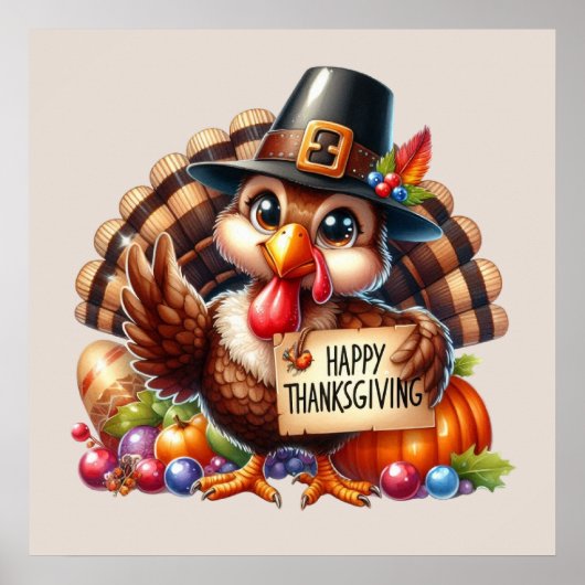 Schattigee Happy Thanksgiving kalkoen Poster (Voorkant)