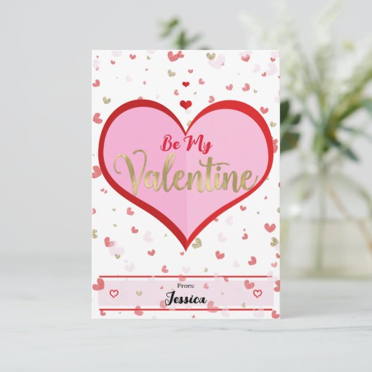 Schattigee harten roze rood goud digitale Valentij Kaart (Staand voorkant)