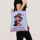 Schattigee heks en zwarte kat roze en blauw Hallow Draagtas (Dichtbij)